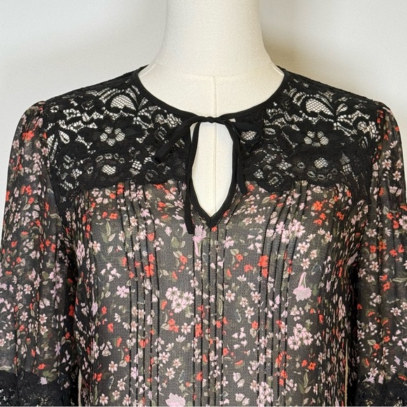 Rebecca Taylor ‘Lyra’ Red Floral Black Lace Pintuck Silk Blouse Women’s Size 00 - Picture 5 of 15